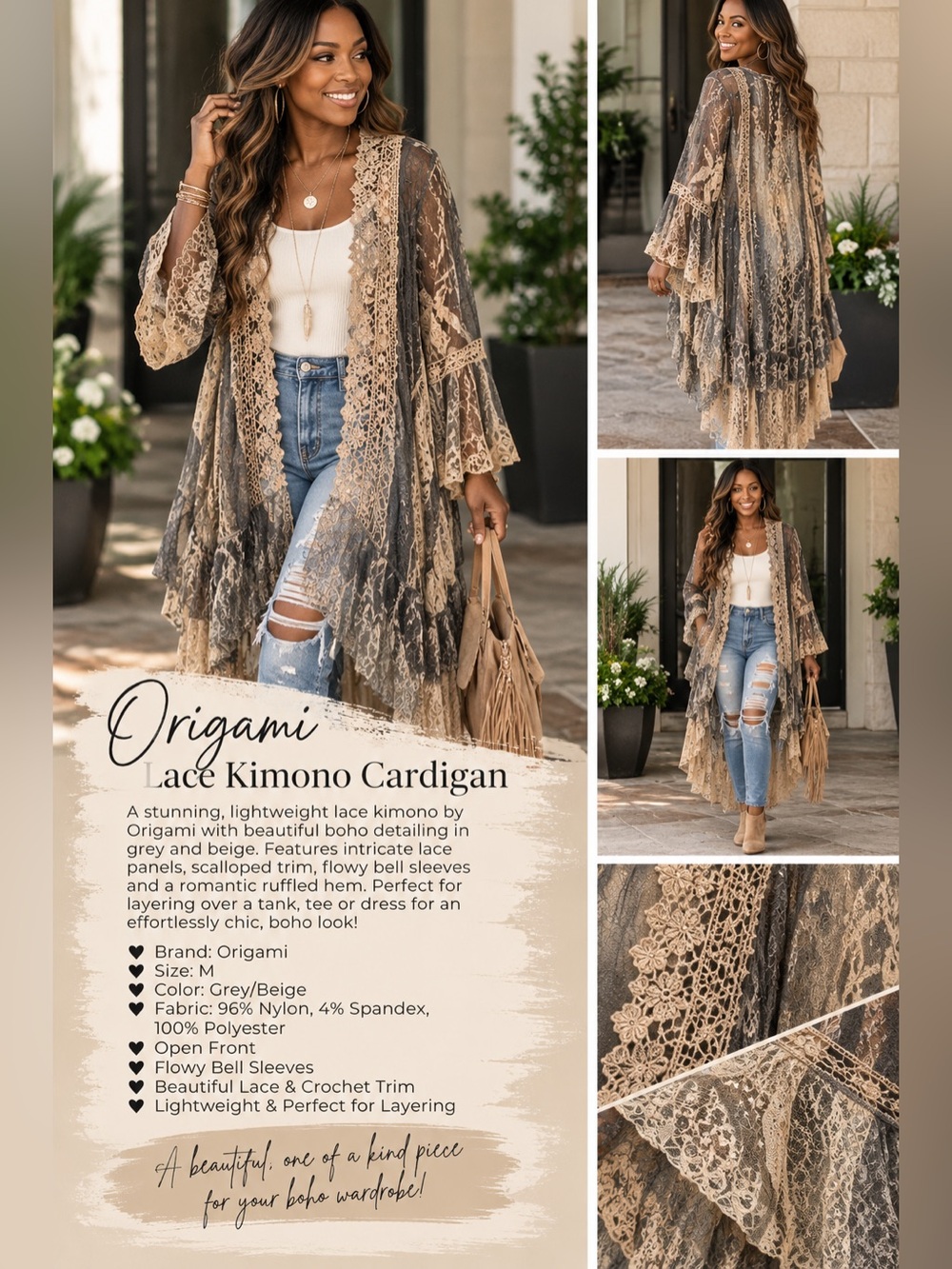 Origami Lace Kimono Grey Beige Boho Cardigan